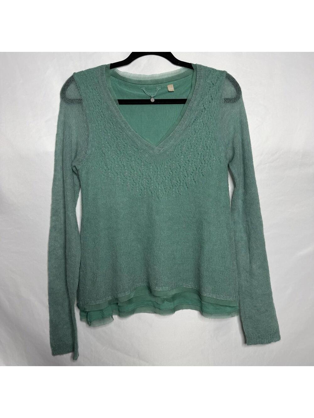 Anthropologie Knitted & Knotted Women  Green Knit Layered Sweater Size S V Neck